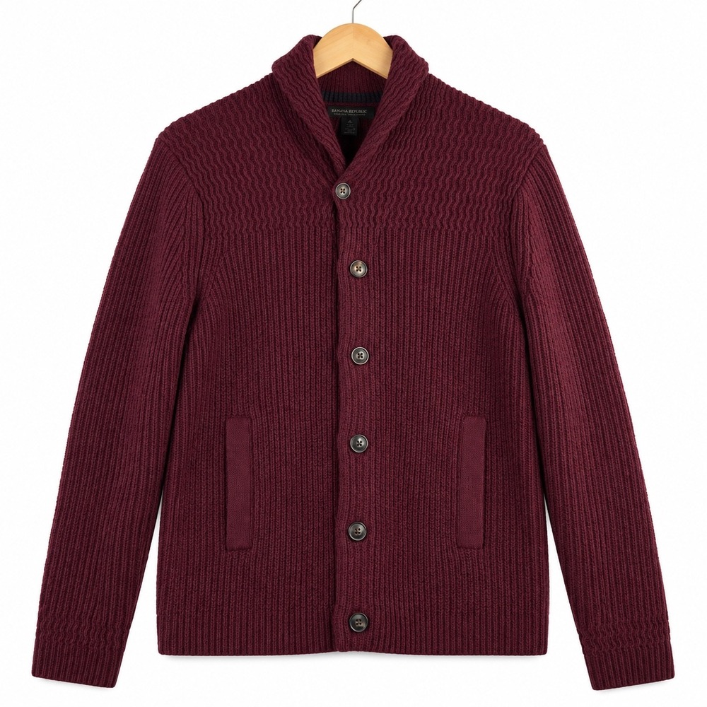 Banana Republic Italian Yarn Recycled Wool Shawl Collar Cardigan Burgundy Small